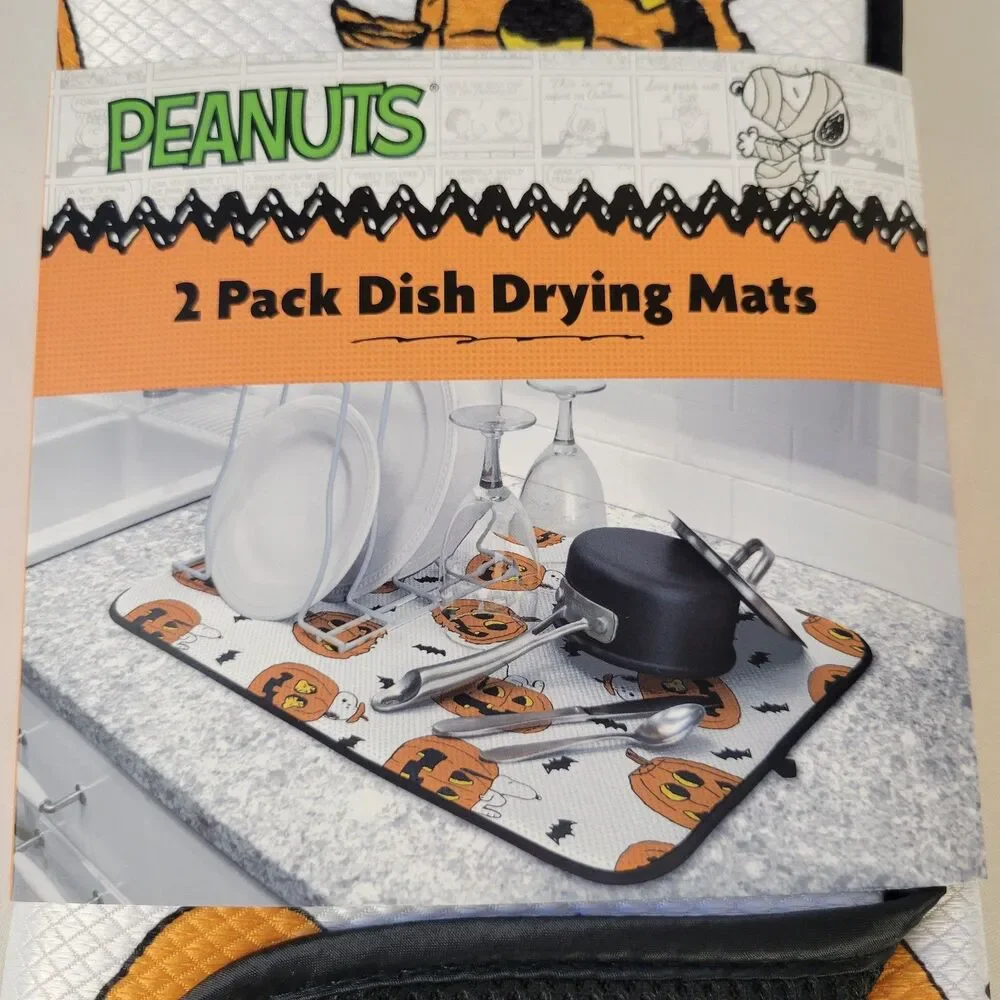 2pk Peanuts Snoopy Dish Drying Mats 16”x18” Halloween Jack-O-Lanterns Bats White